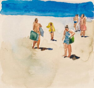 Watercolour painting of a beach scene by Gio Milani