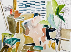 Watercolour painting by Gio Milani: Figure in the studio