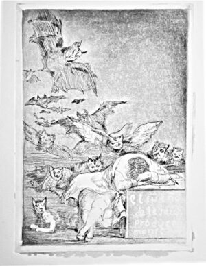 Etching by Gio Milani: After Goya, "El sueno de la razon" (the sleep of reason"