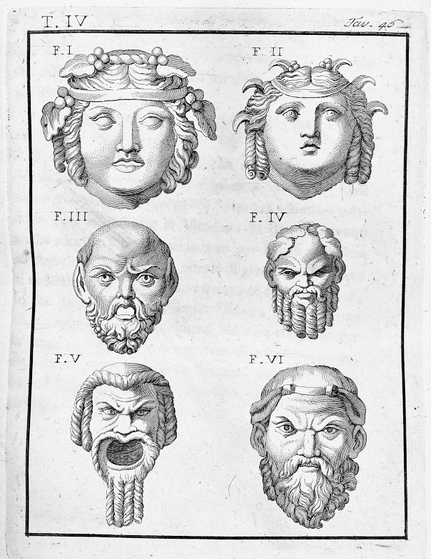 Print: Masks bacchus silenus comic