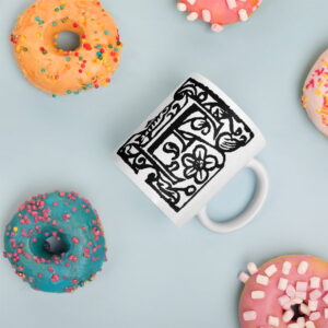 Capital E "Fish and berries" 16th century design white glossy mug