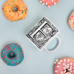 Capital E "Cornucopia horn of plenty" 17th century design white glossy mug