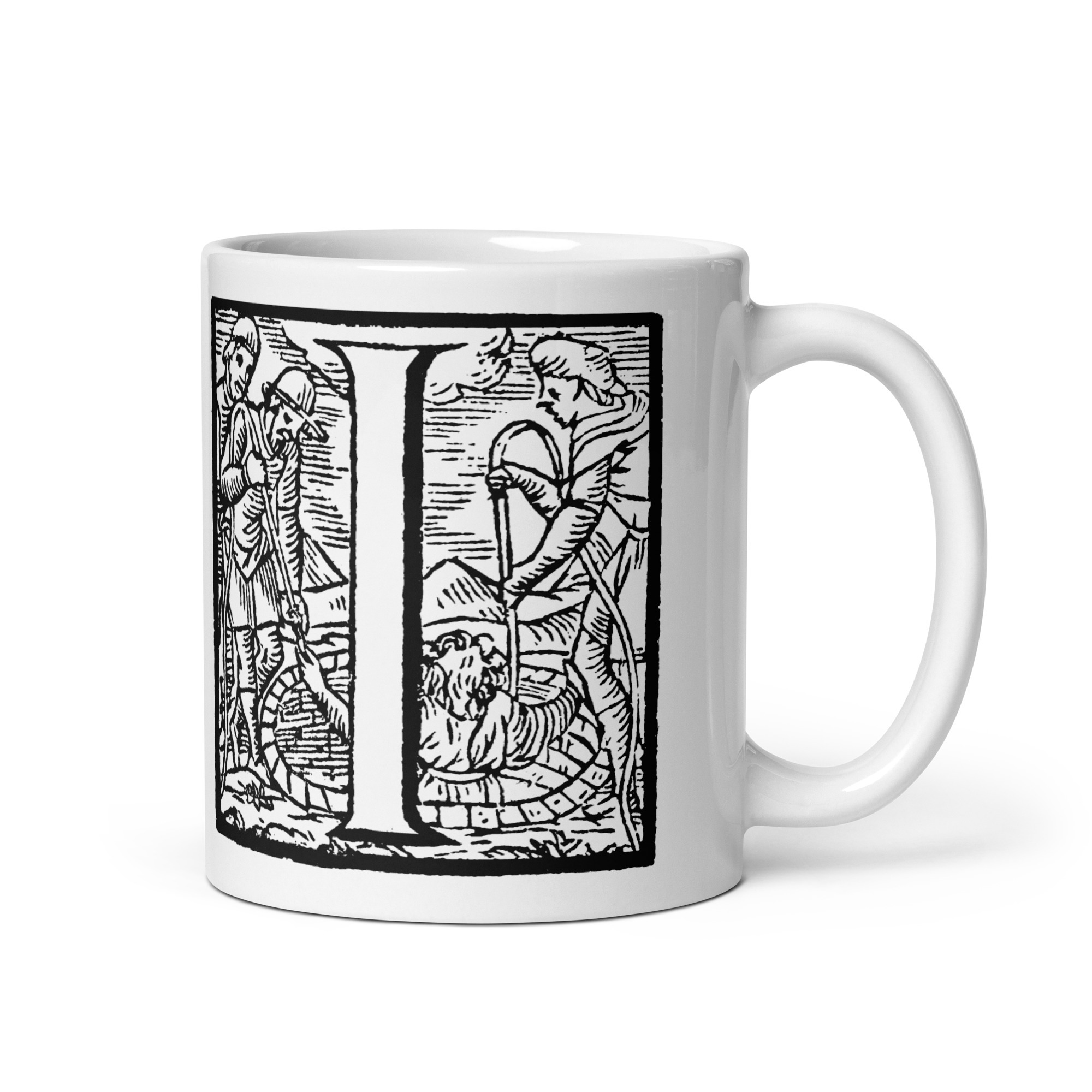 White glossy mug - Antique initial letter I