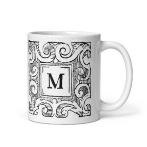 White glossy mug - Antique letter M