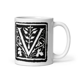 White glossy mug  -Antique Letter V
