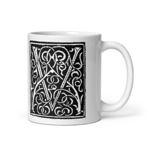 White glossy mug  -Antique Letter V