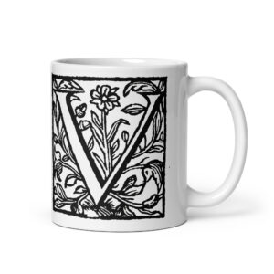 White glossy mug  -Antique Letter V