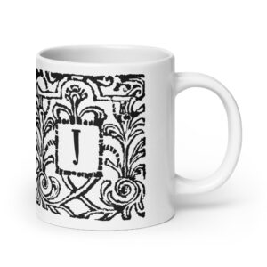 White glossy mug - Antique initial letter J
