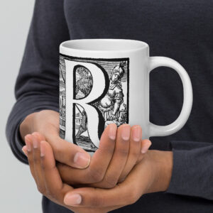 White glossy mug - Antique letter R