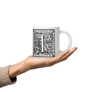 White glossy mug - Antique initial T - Biblical book lovers