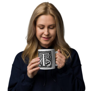 White glossy mug - Antique initial T3