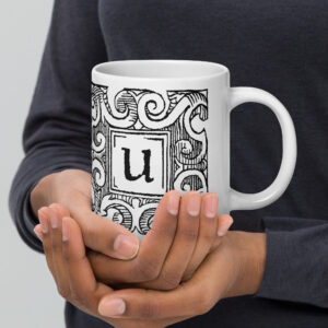 White glossy mug - Antique capital letter U